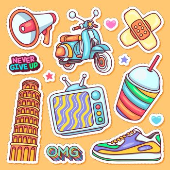 6 Sticker Icons Hand Drawn Doodle Coloring Vector